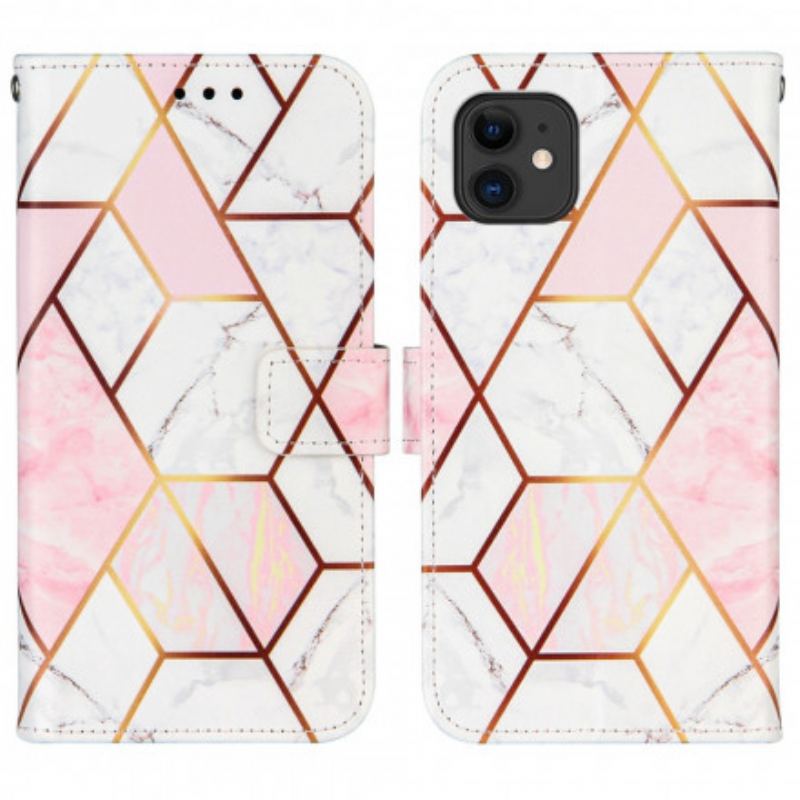 Capa De Couro Para iPhone 11 Mármore Com Cordão