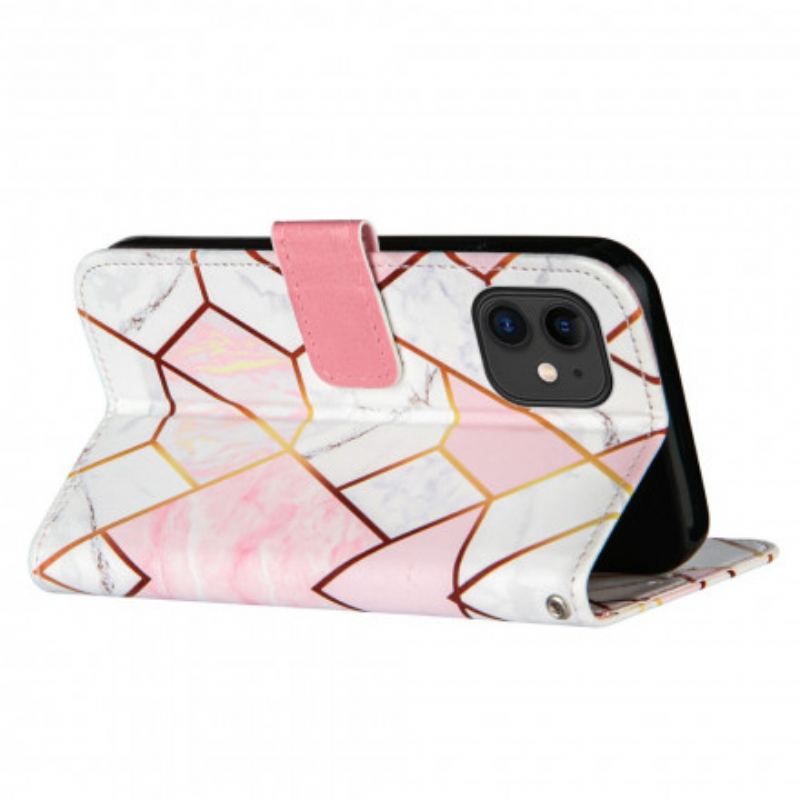 Capa De Couro Para iPhone 11 Mármore Com Cordão