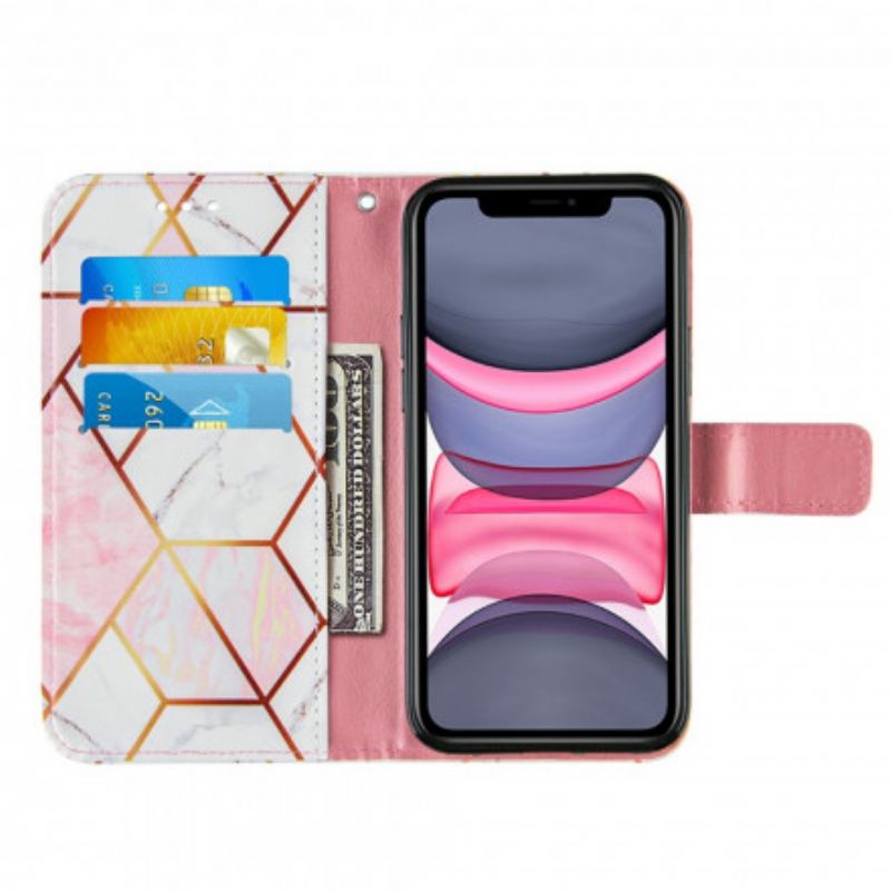 Capa De Couro Para iPhone 11 Mármore Com Cordão