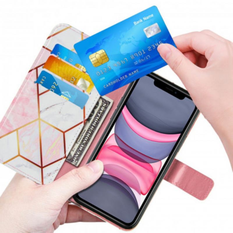Capa De Couro Para iPhone 11 Mármore Com Cordão