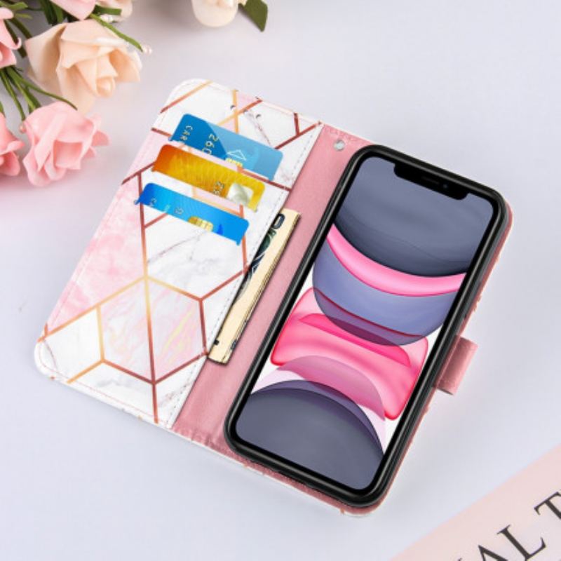 Capa De Couro Para iPhone 11 Mármore Com Cordão