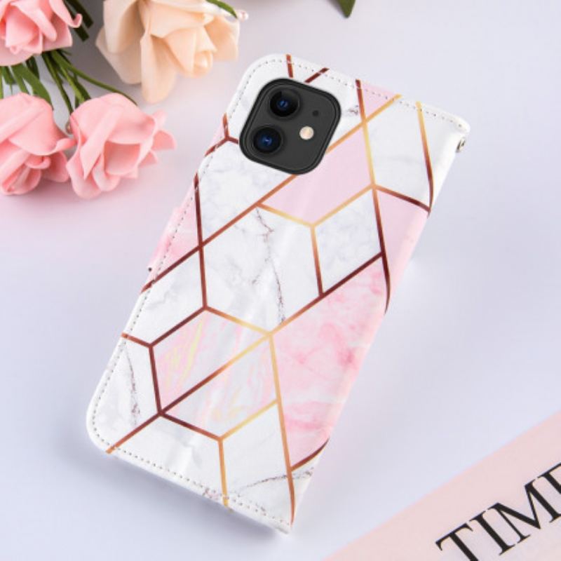 Capa De Couro Para iPhone 11 Mármore Com Cordão