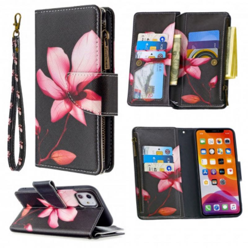 Capa Flip Para iPhone 11 Bolso Com Zíper Flor