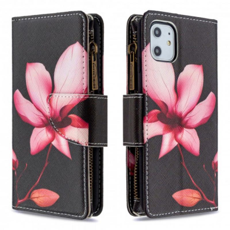 Capa Flip Para iPhone 11 Bolso Com Zíper Flor