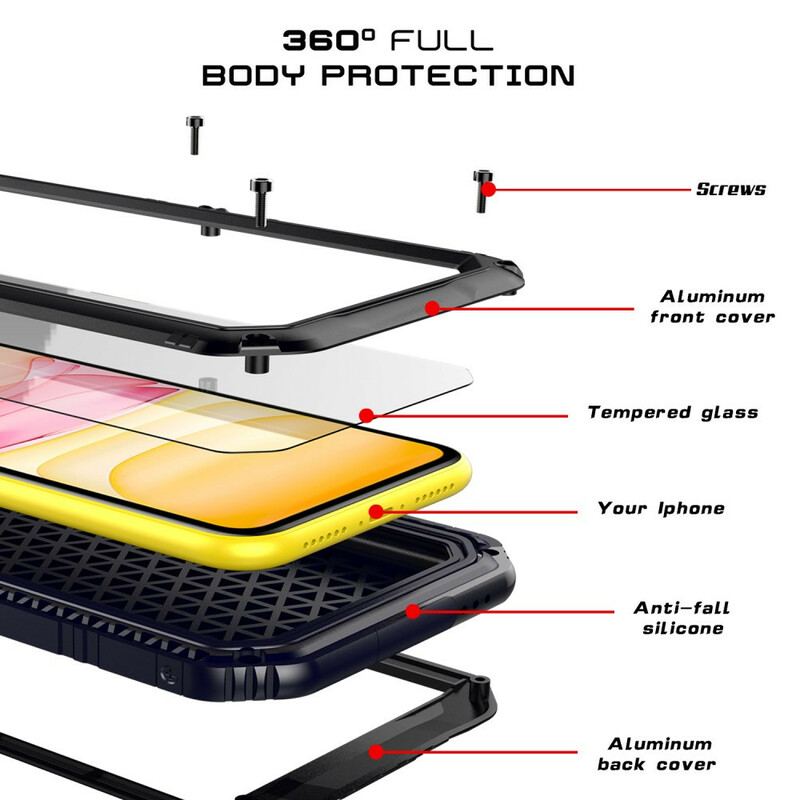 Capa Para iPhone 11 Vidro Temperado À Prova D'água E Metal