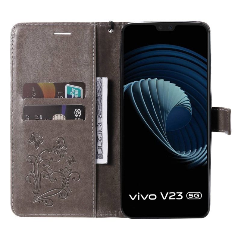 Capa Folio Para Vivo V23 5G De Cordão Borboletas Gigantes