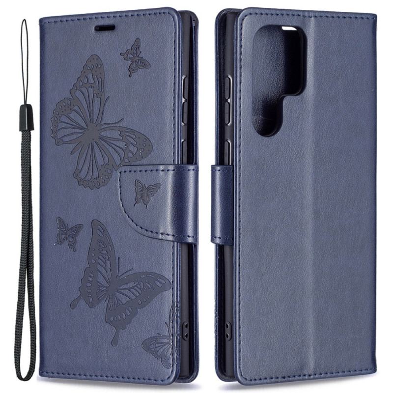 Capa De Couro Para Samsung Galaxy S22 Ultra 5G Borboletas Voando Com Cordão