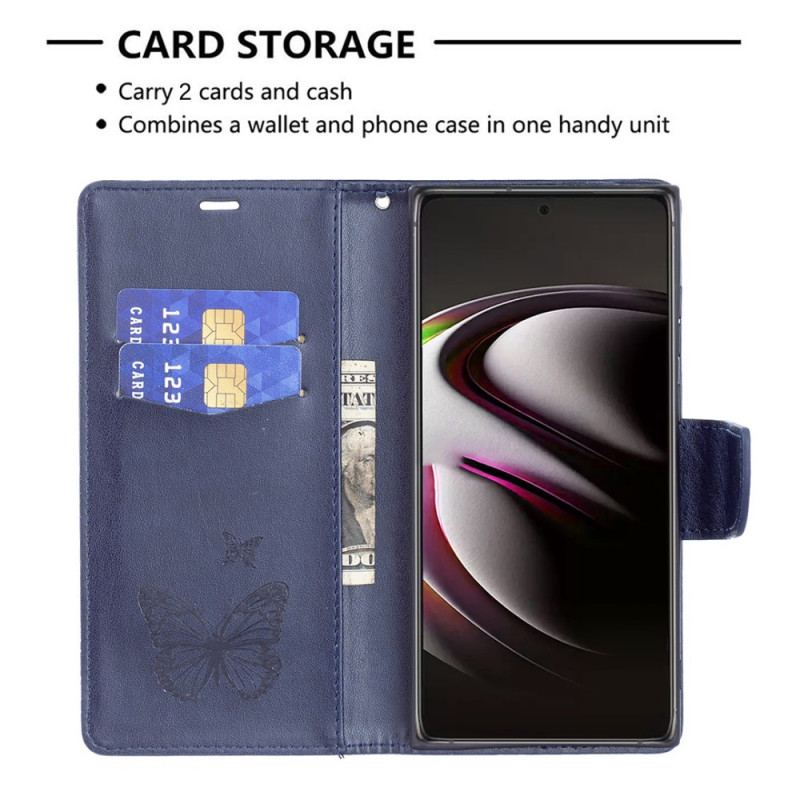 Capa De Couro Para Samsung Galaxy S22 Ultra 5G Borboletas Voando Com Cordão