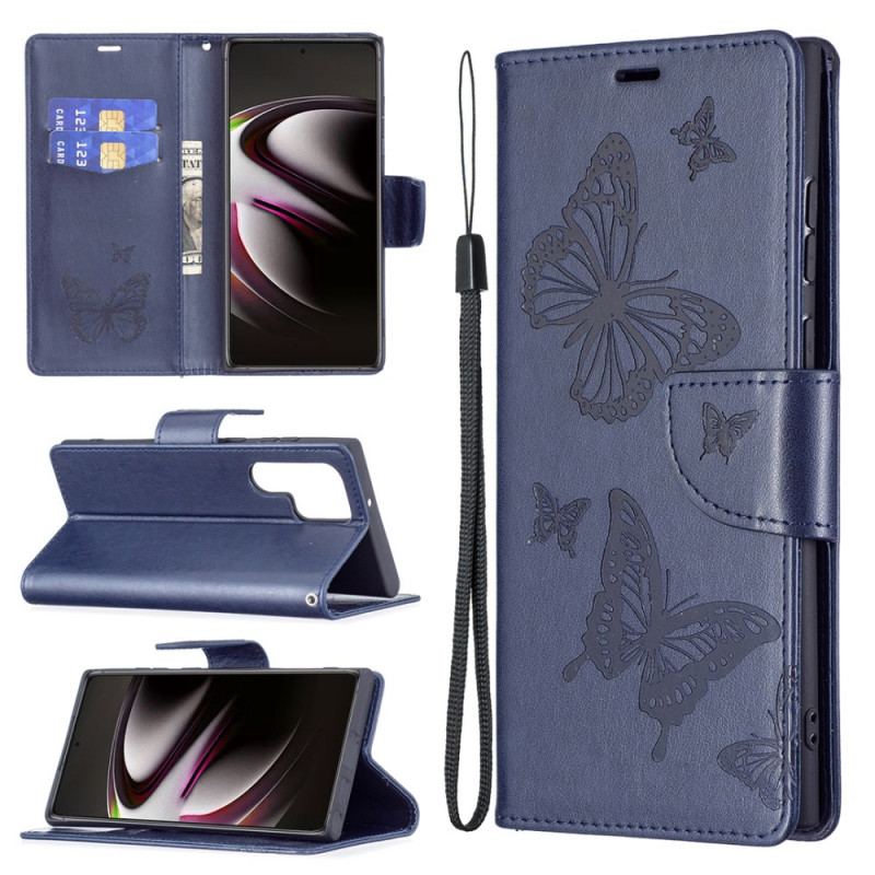 Capa De Couro Para Samsung Galaxy S22 Ultra 5G Borboletas Voando Com Cordão