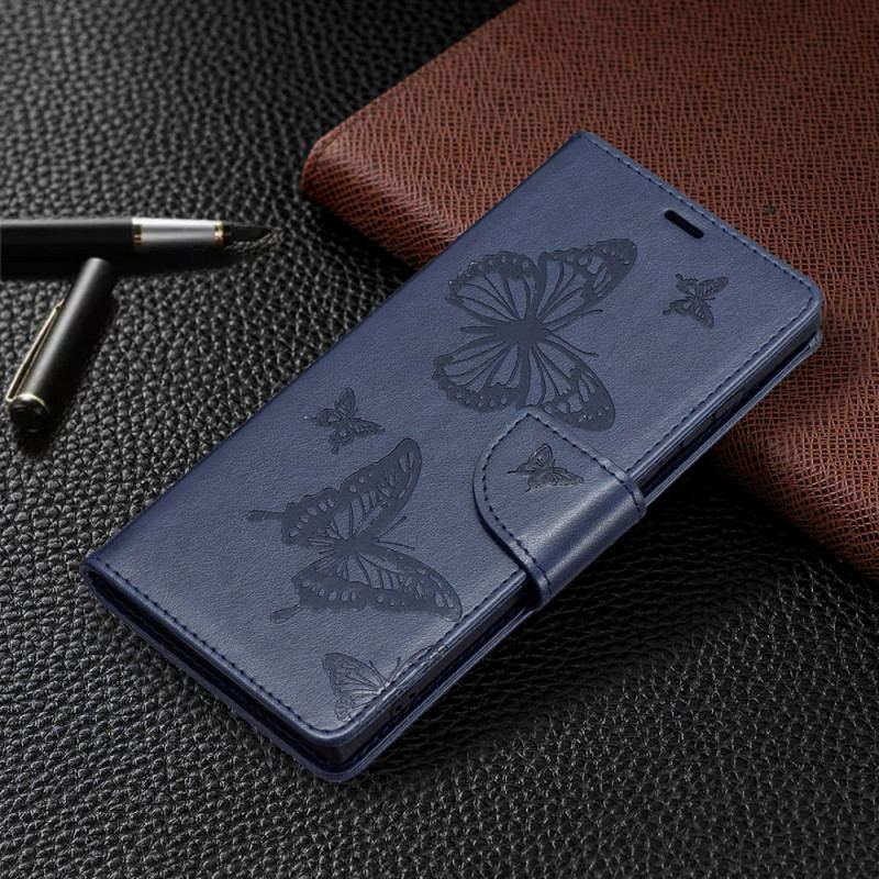 Capa De Couro Para Samsung Galaxy S22 Ultra 5G Borboletas Voando Com Cordão