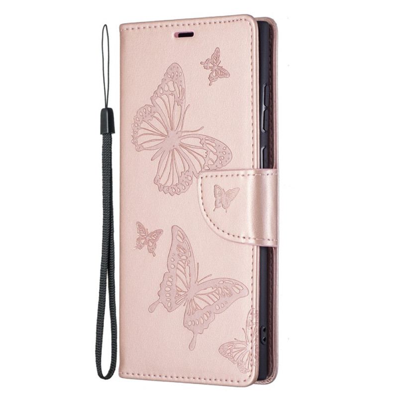 Capa De Couro Para Samsung Galaxy S22 Ultra 5G Borboletas Voando Com Cordão