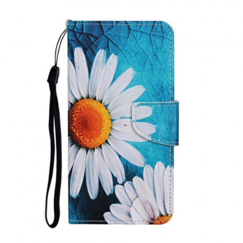 Capa De Couro Para Samsung Galaxy S22 Ultra 5G De Cordão Fio Dental Margaridas