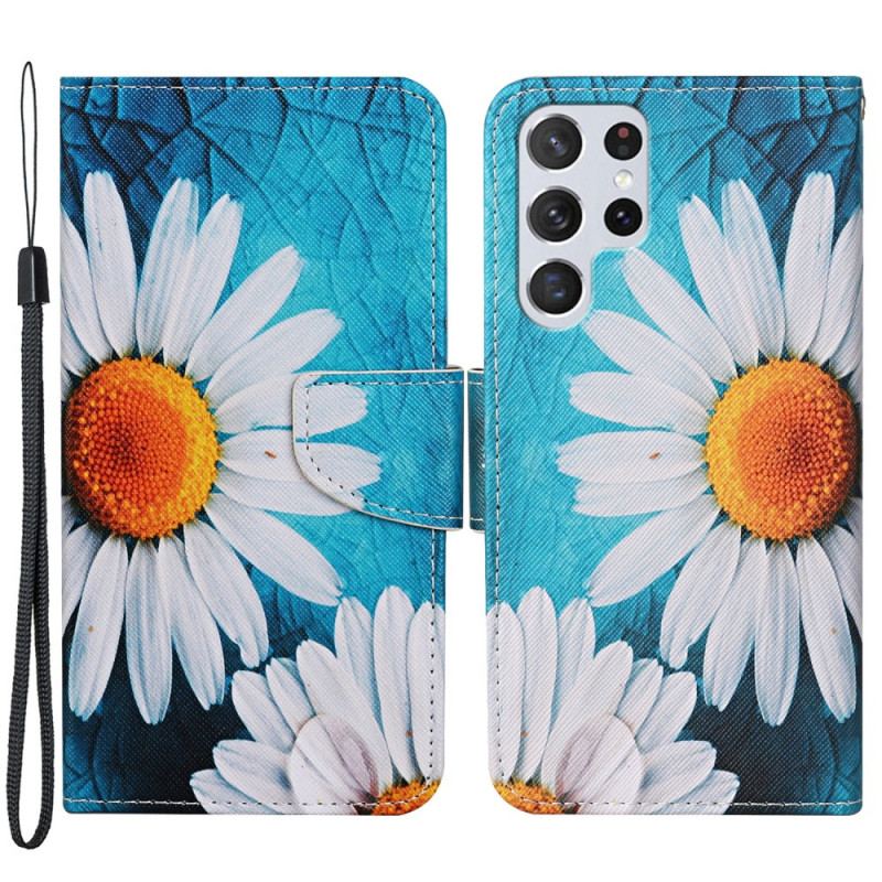 Capa De Couro Para Samsung Galaxy S22 Ultra 5G De Cordão Fio Dental Margaridas