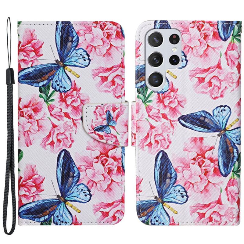 Capa De Couro Para Samsung Galaxy S22 Ultra 5G Cordão Floral Borboletas