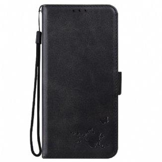 Capa De Couro Para Samsung Galaxy S22 Ultra 5G Gato E Borboletas