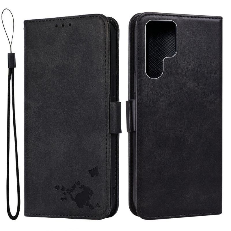 Capa De Couro Para Samsung Galaxy S22 Ultra 5G Gato E Borboletas