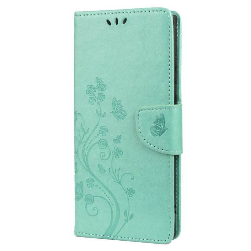 Capa Em Pele Para Samsung Galaxy S22 Ultra 5G Borboletas E Flores Com Cordão