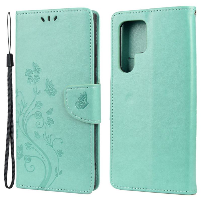 Capa Em Pele Para Samsung Galaxy S22 Ultra 5G Borboletas E Flores Com Cordão