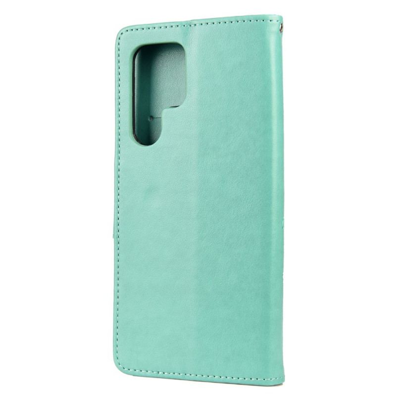 Capa Em Pele Para Samsung Galaxy S22 Ultra 5G Borboletas E Flores Com Cordão