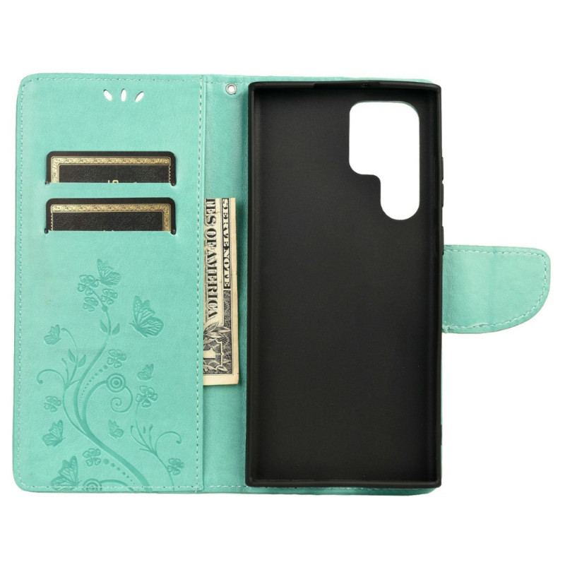 Capa Em Pele Para Samsung Galaxy S22 Ultra 5G Borboletas E Flores Com Cordão