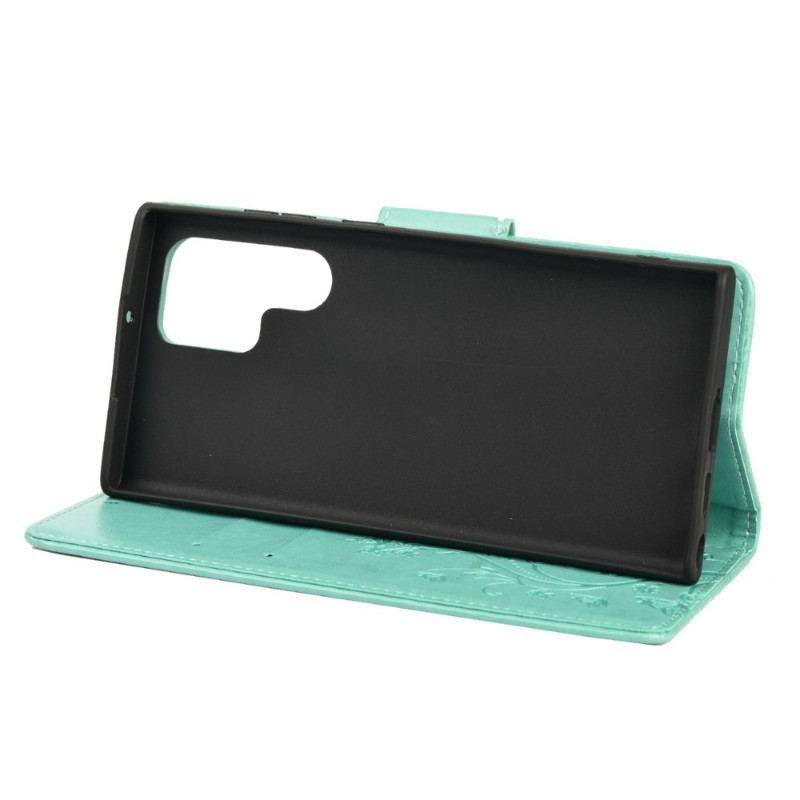 Capa Em Pele Para Samsung Galaxy S22 Ultra 5G Borboletas E Flores Com Cordão