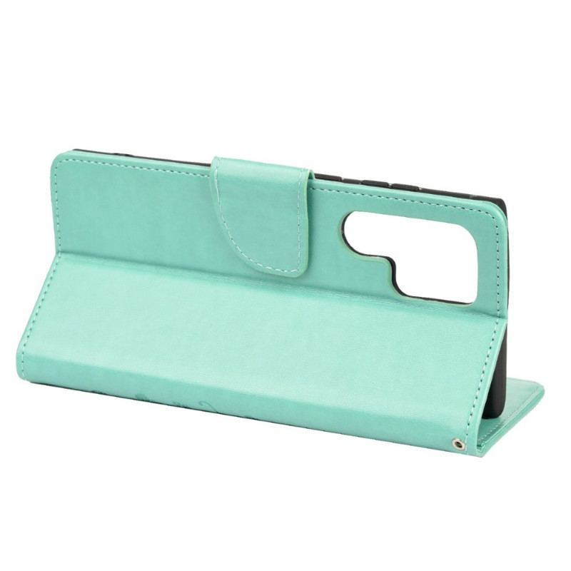 Capa Em Pele Para Samsung Galaxy S22 Ultra 5G Borboletas E Flores Com Cordão