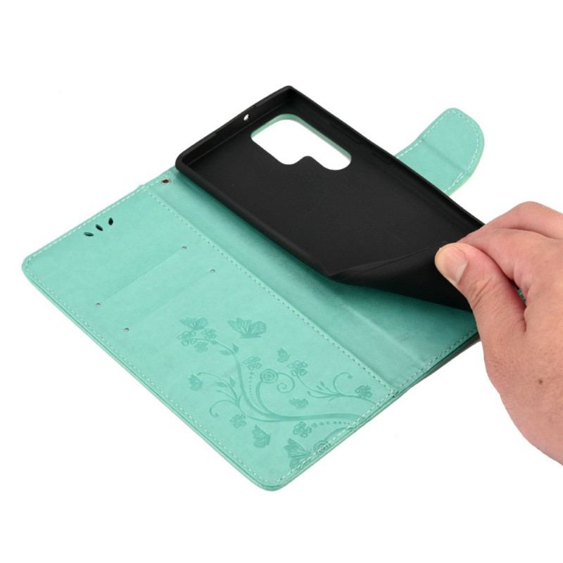 Capa Em Pele Para Samsung Galaxy S22 Ultra 5G Borboletas E Flores Com Cordão