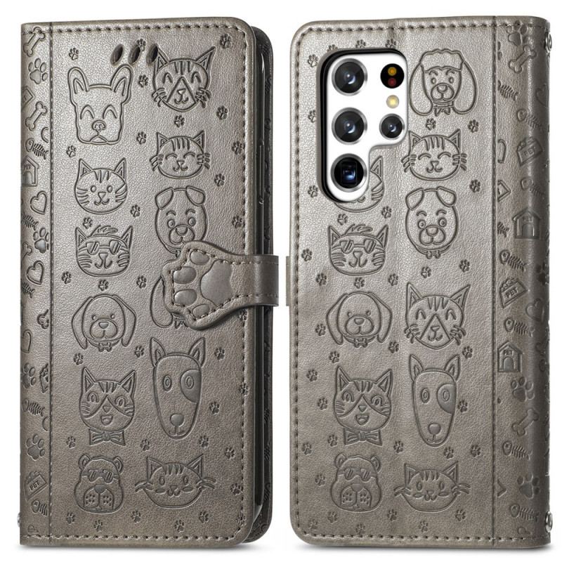 Capa Flip Para Samsung Galaxy S22 Ultra 5G Animais Animados