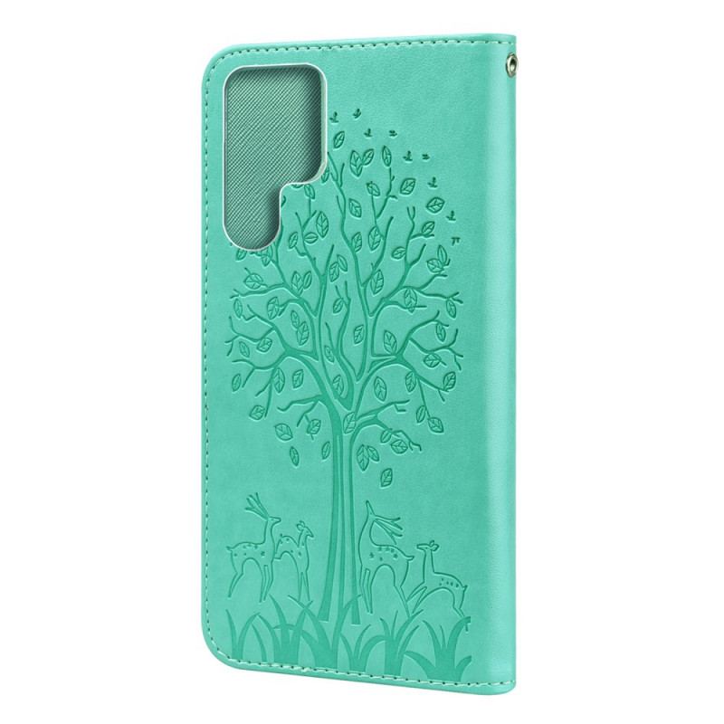 Capa Flip Para Samsung Galaxy S22 Ultra 5G Árvore E Veado