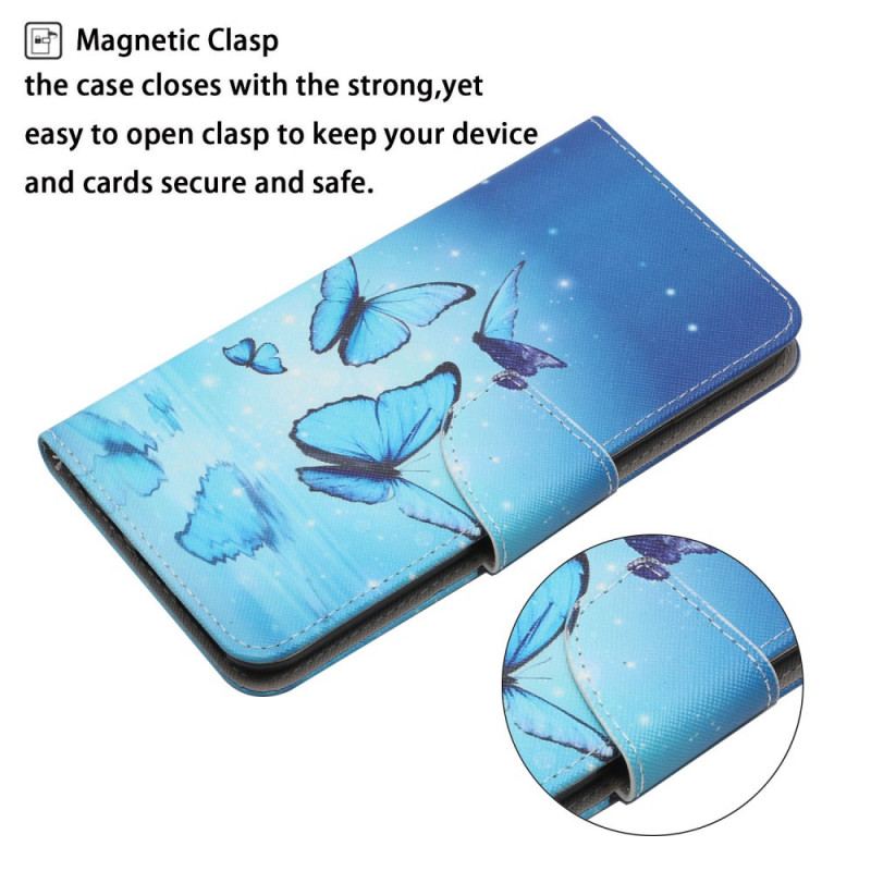 Capa Flip Para Samsung Galaxy S22 Ultra 5G Borboletas Azuis