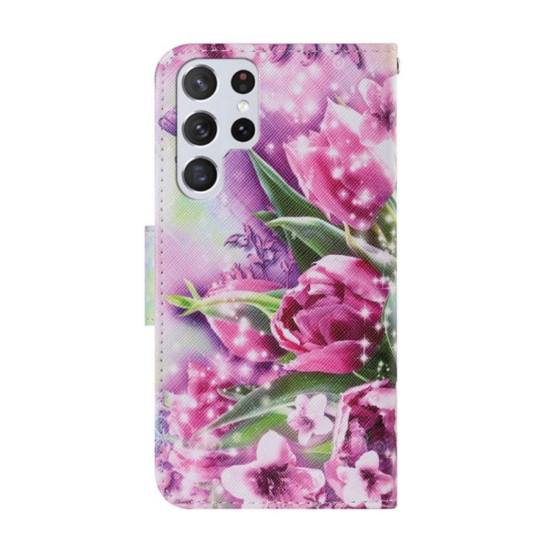 Capa Flip Para Samsung Galaxy S22 Ultra 5G Borboletas E Tulipas