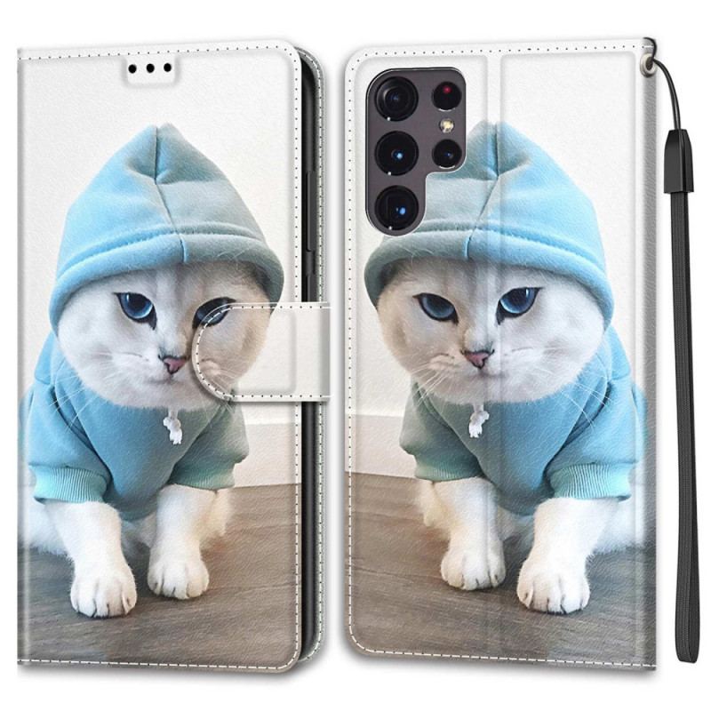 Capa Flip Para Samsung Galaxy S22 Ultra 5G De Cordão Ventilador De Gato Tanga