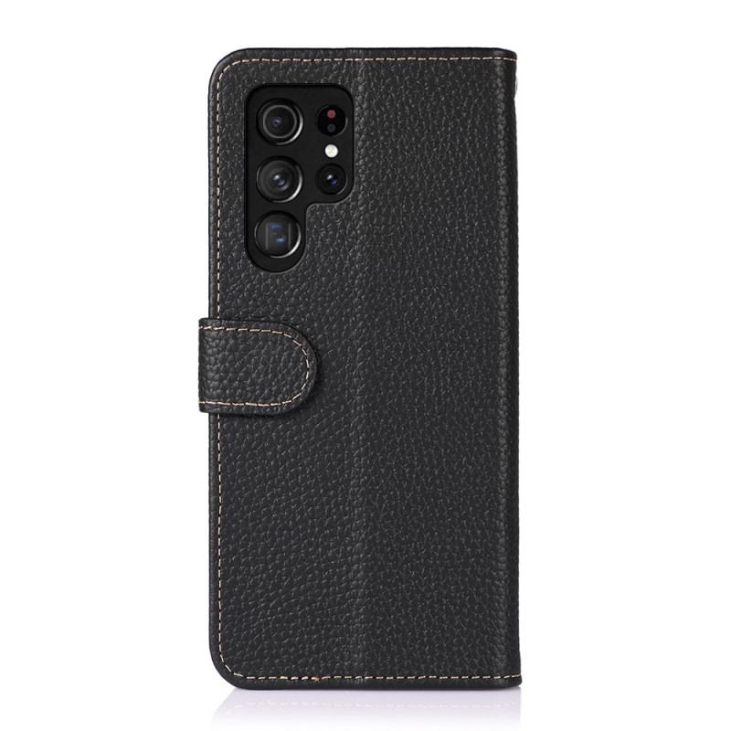 Capa Flip Para Samsung Galaxy S22 Ultra 5G Couro Genuíno Khazneh Litchi
