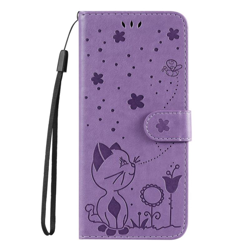 Capa Folio Para Samsung Galaxy S22 Ultra 5G De Cordão Gato E Abelha Com Cordão