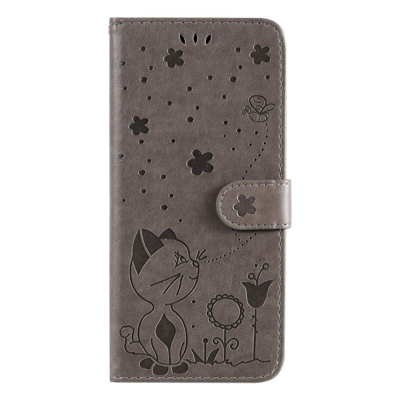 Capa Folio Para Samsung Galaxy S22 Ultra 5G De Cordão Gato E Abelha Com Cordão