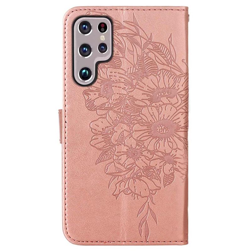 Capa Folio Para Samsung Galaxy S22 Ultra 5G Design De Borboleta Com Cordão