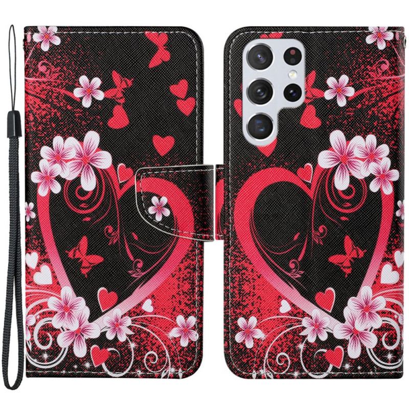 Capa Folio Para Samsung Galaxy S22 Ultra 5G Flores E Corações Com Cordão