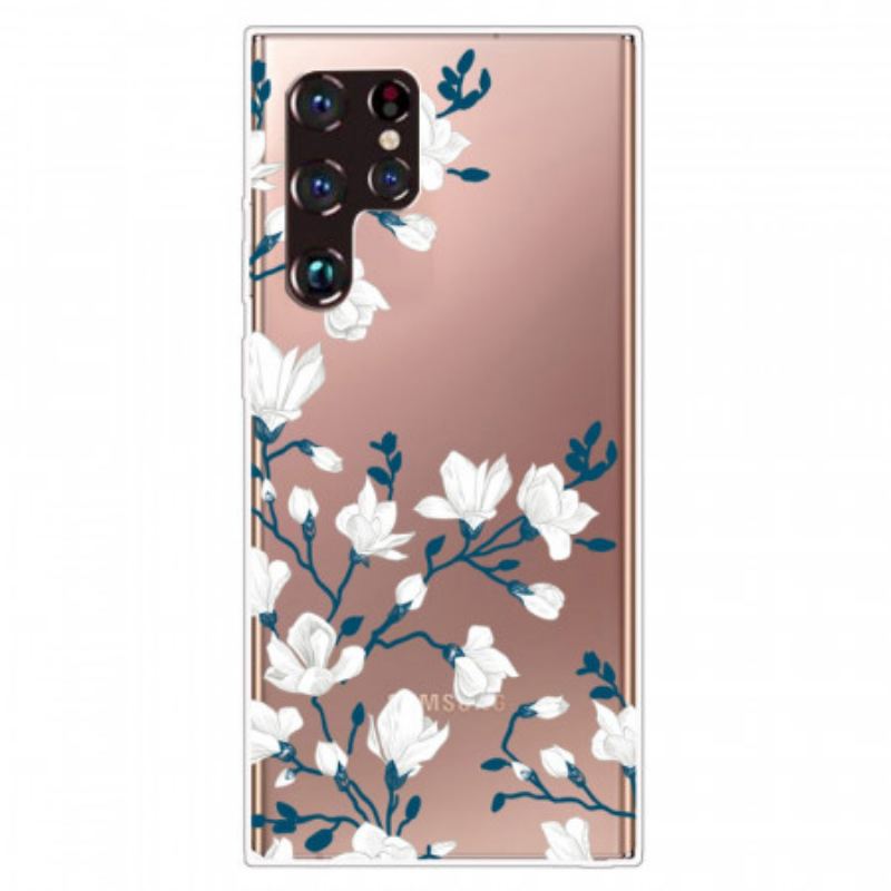 Capa Para Samsung Galaxy S22 Ultra 5G Flores Brancas Sem Costura