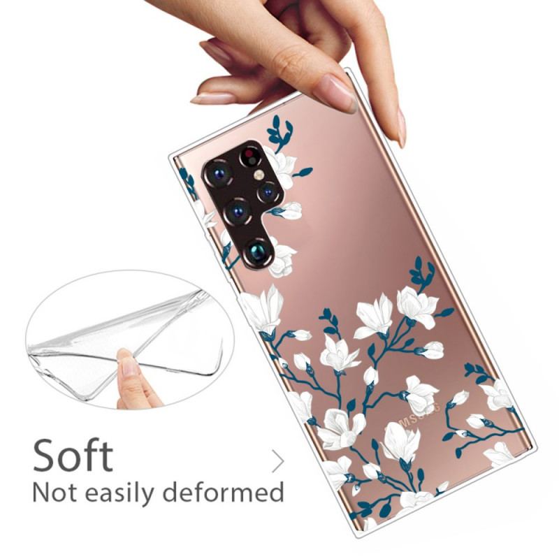 Capa Para Samsung Galaxy S22 Ultra 5G Flores Brancas Sem Costura