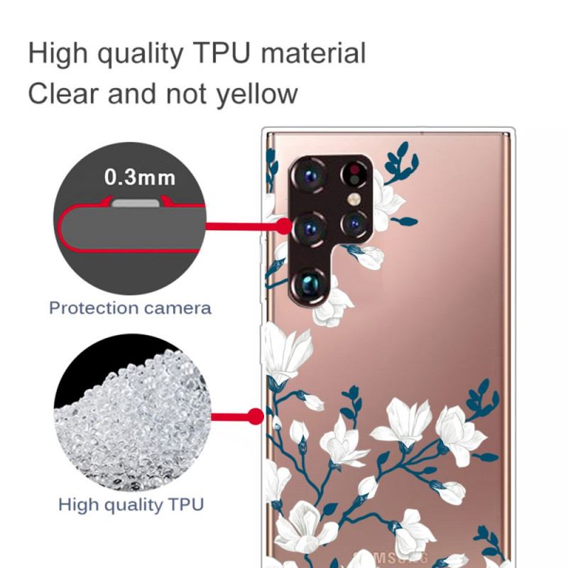 Capa Para Samsung Galaxy S22 Ultra 5G Flores Brancas Sem Costura