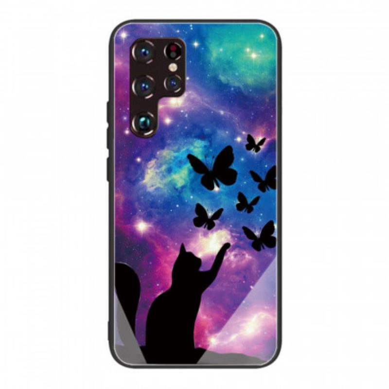 Capa Para Samsung Galaxy S22 Ultra 5G Gato De Vidro Temperado E Borboletas No Espaço