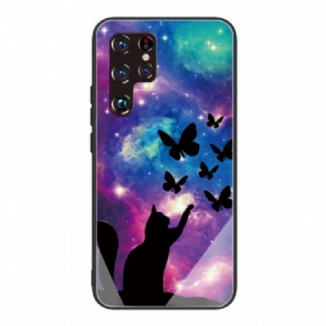 Capa Para Samsung Galaxy S22 Ultra 5G Gato De Vidro Temperado E Borboletas No Espaço