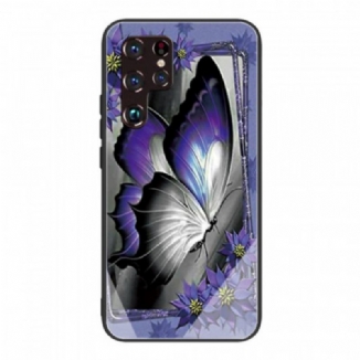 Capa Para Samsung Galaxy S22 Ultra 5G Vidro Temperado Borboleta Roxa