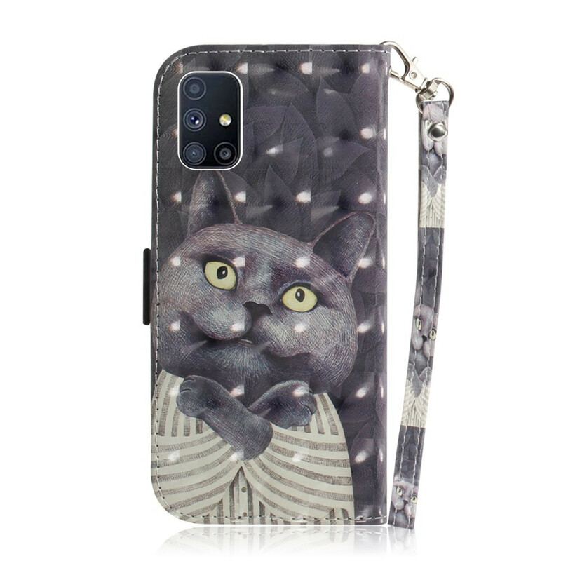 Capa De Couro Para Samsung Galaxy M51 De Cordão Gato Cinzento Com Alça