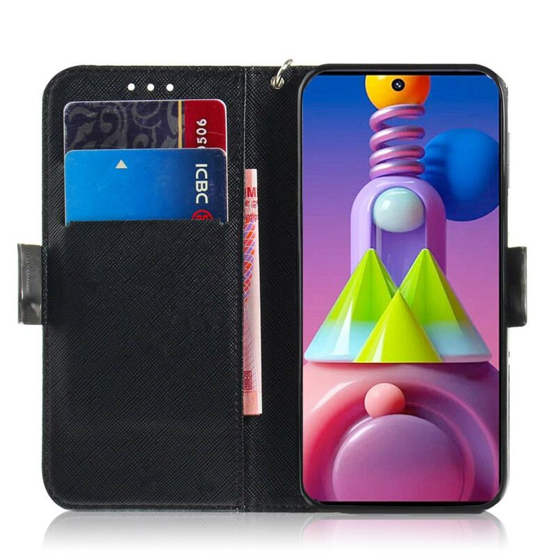 Capa De Couro Para Samsung Galaxy M51 De Cordão Gato Cinzento Com Alça