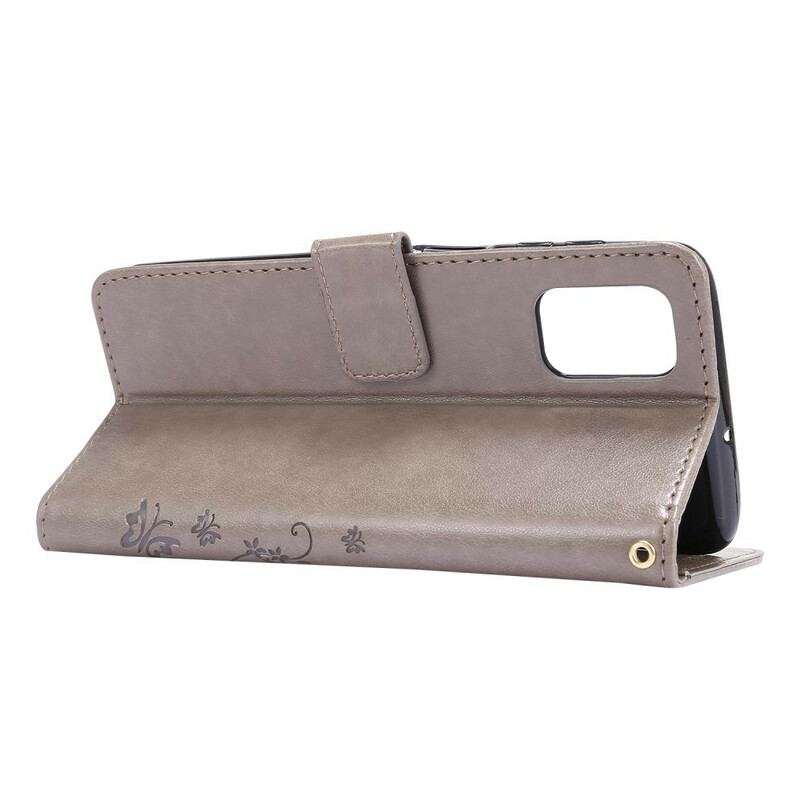 Capa Em Pele Para Samsung Galaxy M51 De Cordão Tanga Borboletas E Flores
