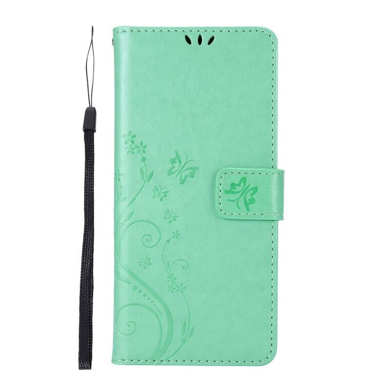 Capa Em Pele Para Samsung Galaxy M51 De Cordão Tanga Borboletas E Flores