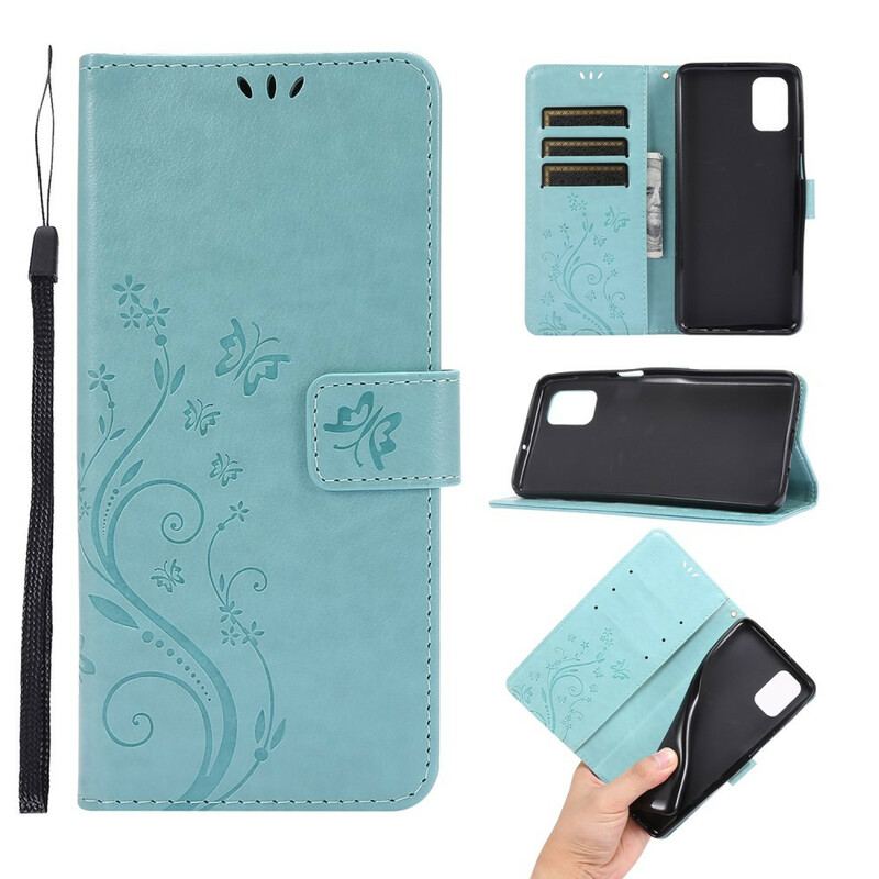 Capa Em Pele Para Samsung Galaxy M51 De Cordão Tanga Borboletas E Flores