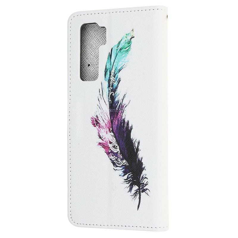 Capa De Couro Para Huawei P40 Lite 5G De Cordão Pena Com Cordão