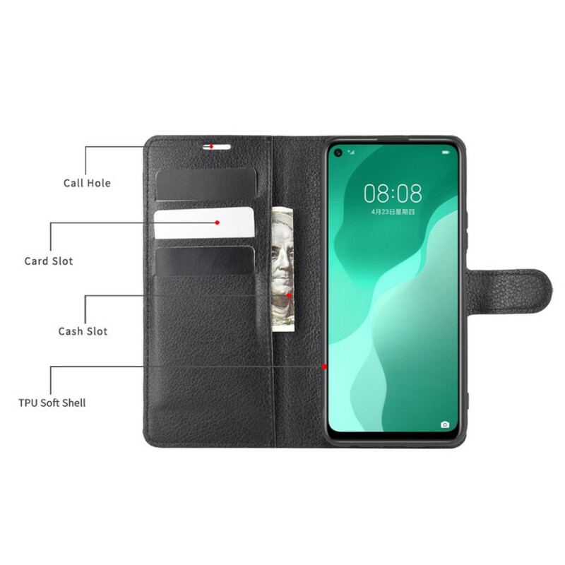 Capa Flip Para Huawei P40 Lite 5G Couro Sintético De Lichia Clássico